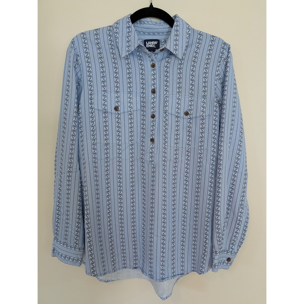Lands End Mens Blue Geometric Stripe Button Down Shirt Long Sleeve Size M 10-12
